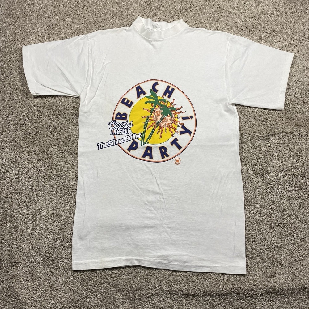 Vintage Coors Light Beach Party T Shirt Mens Large White Silver Bullet 90s Mock
